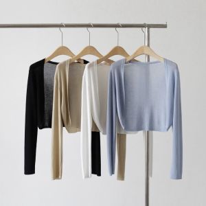 Summer Ice Silk Knitted Cardigan Outwear Womens Shawl Autumn Outerwear Thin Waistcoat Air Conditioning Shirt Blouse Short Tops