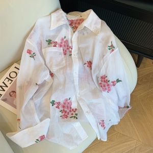 SHENGHUOYA | French Gentle Style Sweet Floral Polo Collar Long Sleeve Thin Shirt