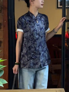 UYFY | Áo sơ mi tay ngắn họa tiết in hoa cổ đứng dáng ôm vừa vặn phong cách Trung Hoa cổ điển mùa hè mới cho nữ