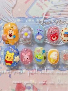 Handmade Wearable Nail Art Winnie the Pooh And Jumping Tiger Cartoon Design Bright Color Ice Transparent Shiny Short Nails