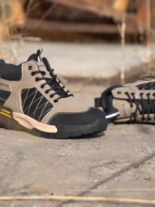 Q MALL Safety Shoes Men Medium-Cut Anti-smash Anti-puncture Sneakers Outdoor work protective Steel toe cap - 7917D (BLACK BROWN)