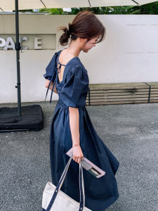 French Vintage Bubble Sleeve Dress Womens Summer New High Waist Slim Long Skirt Elegant Backless A-Line Dress V-Neck Short Sleeve