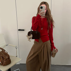 round Neck Red Knitwear Small Retro Short Sweater Cardigan Womens Early Autumn Wear Super Nice Silm Tops