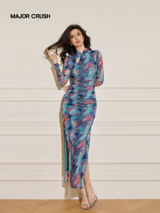 Spring Summer 2026 Chinese Style Night Sky Rainbow Artistic Print Waist Cinched Dress