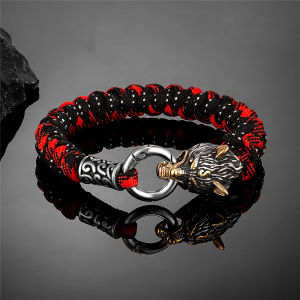 Retro Norse Odins Wolf Survival Bracelets Men Viking Geri&Freki Stainless Steel Paracord Rope Bangles Handmade Outdoor Jewelry