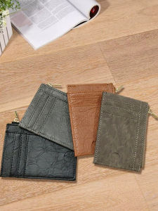 Leather Wallet Mens Handmade Thin Zipper Coin Card Holder PU Material Vertical Shape Pure Color Youth Universal