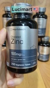 Viên uống bổ sung kẽm Chelated Zinc 100mg Horbaach thuần chay hũ 250 viên [Hàng Mỹ]