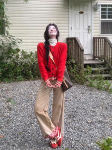 High Waist Loose Straight Leg Casual Pants Womens Retro Khaki Contrast Red Plaid 2025 Autumn Season Small Audience Patchwork