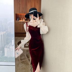 Gold Velvet Long Sleeve Dress Slimming Waist French Lady Elegant Style Womens Fashion Spring Autumn Winter New Arrival