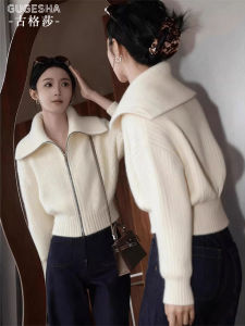 Korean Style Zipper Knitted Cardigan Womens Outerwear Soft Cozy Long Sleeve Short Length Pure Color Flip Collar Sweater