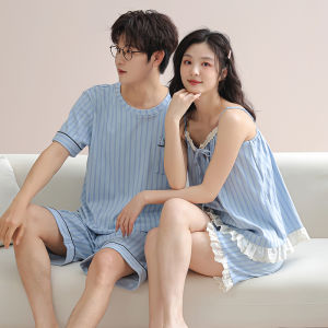 miiow | Couples Pure Cotton Summer Sleepwear Womens Cute Strap Nightgown Mens Short Sleeve Shorts Set Home Clothes MiiOW Brand