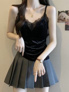 Black Lace Backless Velvet Crop Top Womens Autumn Fashion plus Size Base Layer Shirt Inner Wear Casual Loose Style