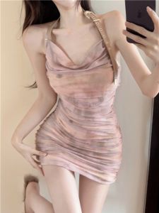 GUZILIAN | ชุดเดรสคอวีแขนกุดผ้าตาข่ายสั้นทรงเข้ารูปสไตล์เกาหลีสำหรับผู้หญิงในฤดูใบไม้ผลิและฤดูร้อน ชุดเดรสทรงเข้ารูปแบบพื้นฐาน