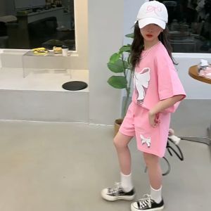 Beryl kids🌸ชุดเด็กผู้หญิง🎀ชุดโบว์แขนสั้นฤดูร้อน 2 ชุดกีฬาลําลองพิมพ์ลายแฟชั่นฤดูร้อนสองชิ้น