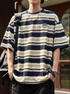 SZON | Cropped Collar T-shirt for Men Striped Casual Loose Fit