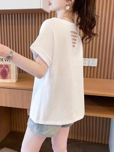 Áo Thun Cotton Tay Ngắn Cổ Chữ V Dáng Rộng Cho Nữ Mùa Hè 2025 Phong Cách Hàn Quốc Đa Năng Màu Trắng Thời Trang Thường Ngày