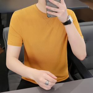 HENGYUANXIANG | Hengyuanxiang Mens Round Neck Short Sleeve T-Shirt Ice Silk Lightweight Knitted Summer Casual Breathable Fashion Urban Basic Youth Top