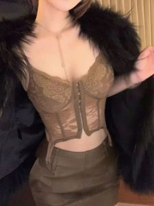 Áo Vest Dây Không Đều Viền Ren Áo Vest Không Dây Thời Trang Đường Phố Bó Sát Màu Trơn Dài Ngắn Thường Xuyên Mặc Mùa Xuân