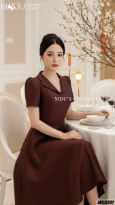 Váy Dáng Xòe MDU5537 Thiết Kế Cổ V Tinh Tế Chất Liệu Lụa Vân Ép Mùng Cao Cấp Từ MDU