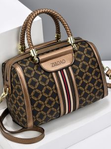 Ladies Retro Leather Handbag Fashionable Matron Shoulder Bag Soft Cowhide Casual Style Zipper Closure Medium Size Geometric Pattern