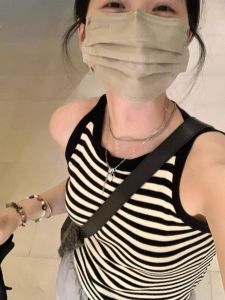 HUOLISI | Knitted Black-and-White Striped Halter Top No Sleeve French Style