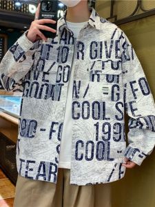 Spring & Fall New Arrival Men Long Sleeves Shirt Casual Polo Collar Printed Shirt Junior Student Loose Overalls