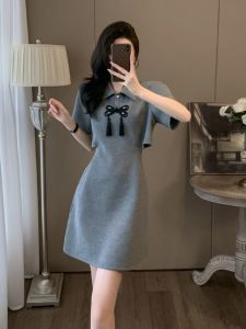 Gray Polo Collar National Style Dress Women Summer Slimming Temperament Niche Design Sense Waist-Exposed Small Man Skirts
