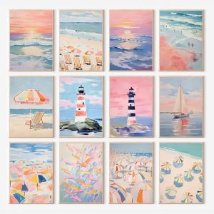 Colorful Pool Float Lifebuoy Palm Tree Painting Posters Canvas Printing Modern Wall Art Picture for Beach House Home Decor Gifts