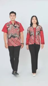 Seragam Kantor Batik Couple Kemeja Pria Atasan Blouse Wanita Modern [ KTB RED ] Batik Dua Putri