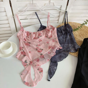 หวาน และเชือกแขวนคอดอกไม้เผ็ด เสื้อท่อนบน ผู้หญิง ฤดูร้อน ตาข่าย แขนเสื้อซีทรูความยาวสั้น เสื้อกั๊ก ไม่สม่ําเสมอ ลูกไม้ Trim