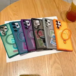 Metal Ring Stand Matte Magnetic Case for Magsafe Samsung Galaxy S26 S25 Ultra S24 Plus S26+ with Lens Protector Mac Safe Cover