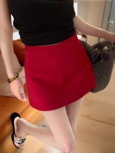 Red High Waist A-Line Mini Skirt Womens Korean Style Commute Thickened Woolen Spring Autumn New Style Slimming Skirt