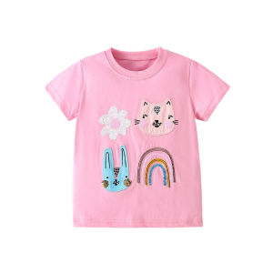 Jumping Meters 2-7T Animals Embroidery Summer Girls T Shirts Short Sleeve Kids Tees Tops Baby Costume Childrens Clothes Shirts