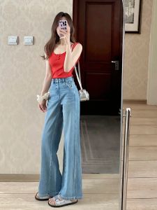 Quần Jeans Denim Ống Loe Phong Cách Pháp Cổ Điển Mỏng Mùa Hè Cho Nữ Quần Dài Dài Đến Sàn Cạp Cao Màu Xanh Denim