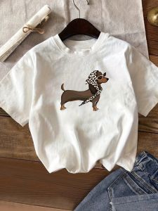 Summer Clothing Womens Casual Dachshund Leopard Print Short Sleeve T-Shirt White Crew Neck Summer Tops and Comfortable