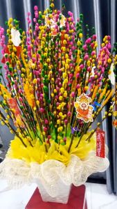 Phụ kiện trang trí bình hoa chưng Tết que nơ lưới nơ que giấy lụa lá cọ nhũ trái châu trang trí tháp hộp quà tặng
