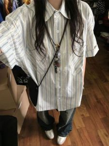 Japanese Retro Academy Style Striped Short-Sleeve Shirt Womens Loose K-style Casual Design Versatile Summer Outerwear