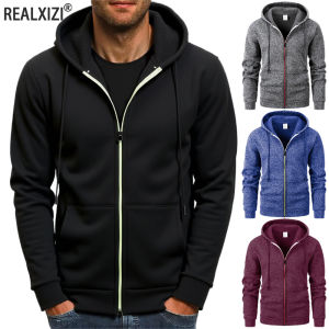 Autumn Mens Sweatshirt Solid Color Casual Long Sleeve Jacket Hoodie Zipper Closure Jacket with Pockets Slim Fit Male Clothing