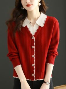 Loose Slim Looking [40.00 Kg-100.00 kg] Fake Two-Piece Tops Womens Fashion Western Style Knitted Bottoming Shirt Peter Pan Collar Sweater