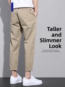 ROMON | Loose Straight Leg Business Casual Pants For Men Romon Brand Khaki Color Spring Summer Season Elastic Waist Nine-Tenths Length