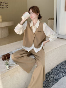 Khaki Color High-End Feel Shirt Set Womens Autumn New Wide Leg Pants Two-Piece Set Casual Style Fashion Ensemble