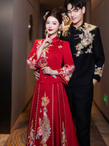 Red New Chinese Style Wedding Dress XiuHuiFu Engaging Ceremony Qipao Long Sleeve Pearl Embroidery Straight Collar Polyester Fiber
