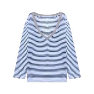 YUEZHONGWEI | Dopamine Blue V-neck Striped Ice Silk Long Sleeve Sun Protection T-shirt Women Summer Thin Air Conditioning Shirt Breathable Top