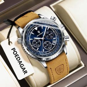 POEDAGAR Luxury Brand Mens Watch Waterproof Luminous Date Chronograph Leather Man Clock Quartz Business Fashion Watches For Men