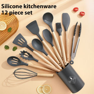 12Pcs/Set Wooden Handle Silicone Kitchen Utensils With Storage Bucket High Temperature Resistant And Non Stick Pot Spatula Spoon