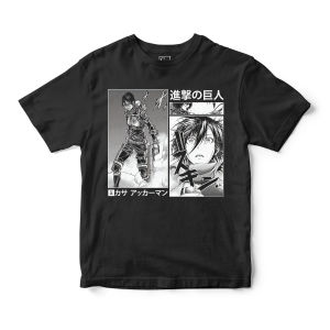 Bandai | Mens Attack on Titan Anime T-Shirt Black Cotton Manga Style Mikasa Ackerman Graphic Tee for Casual Otaku Daily Campus Home Wear