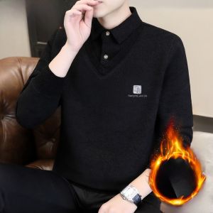 HENGYUANXIANG | Áo len dệt kim dày ấm áp cổ bẻ thời trang mùa đông cho nam Áo sơ mi lót lông cừu giả hai mảnh thường ngày