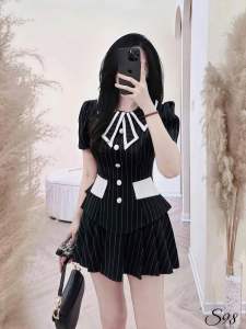 Set Chân Váy Bigsize 50-90KG Dễ Thương Hack Dáng Đi Làm Đi Tiệc Đi Chơi - S98 - Ú Xinh Store (Set Kaki Sọc Nút Bọc)