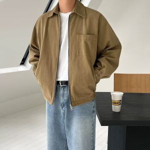 American Retro Pure Color Lapel Workwear Jacket Mens Trendy Double Zipper Loose Outerwear Business Casual Commuting