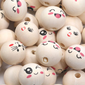 10pcs 20mm Natural Color Wood Beads Round Smiling Wooden Loose Beads for Jewelry Making DIY Necklace Bracelet Craft Accessories